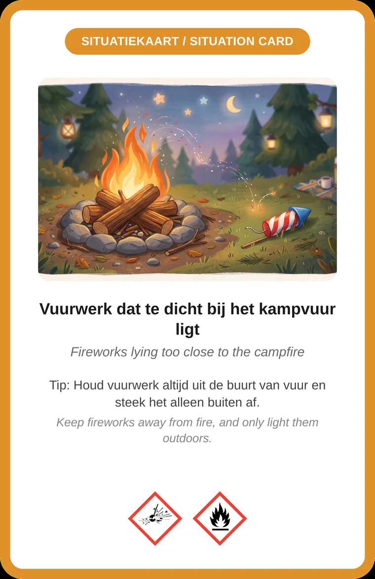 Situatiekaart: vuurwerk dat te dicht bij het kampvuur ligt